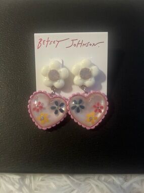 Betsey Johnson Pink Floral Heart Drop Earrings